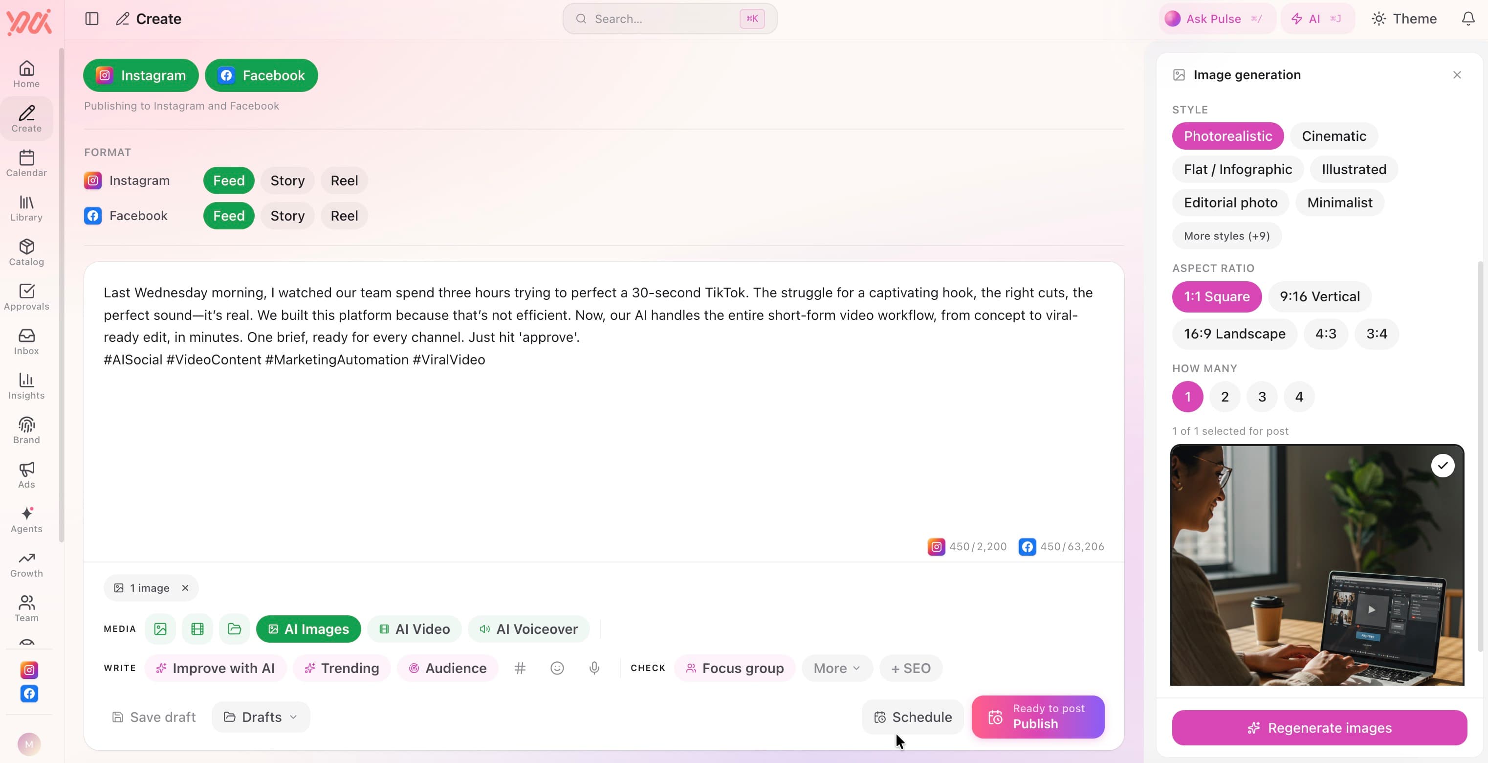 Vertical AI composer with live multi-channel preview