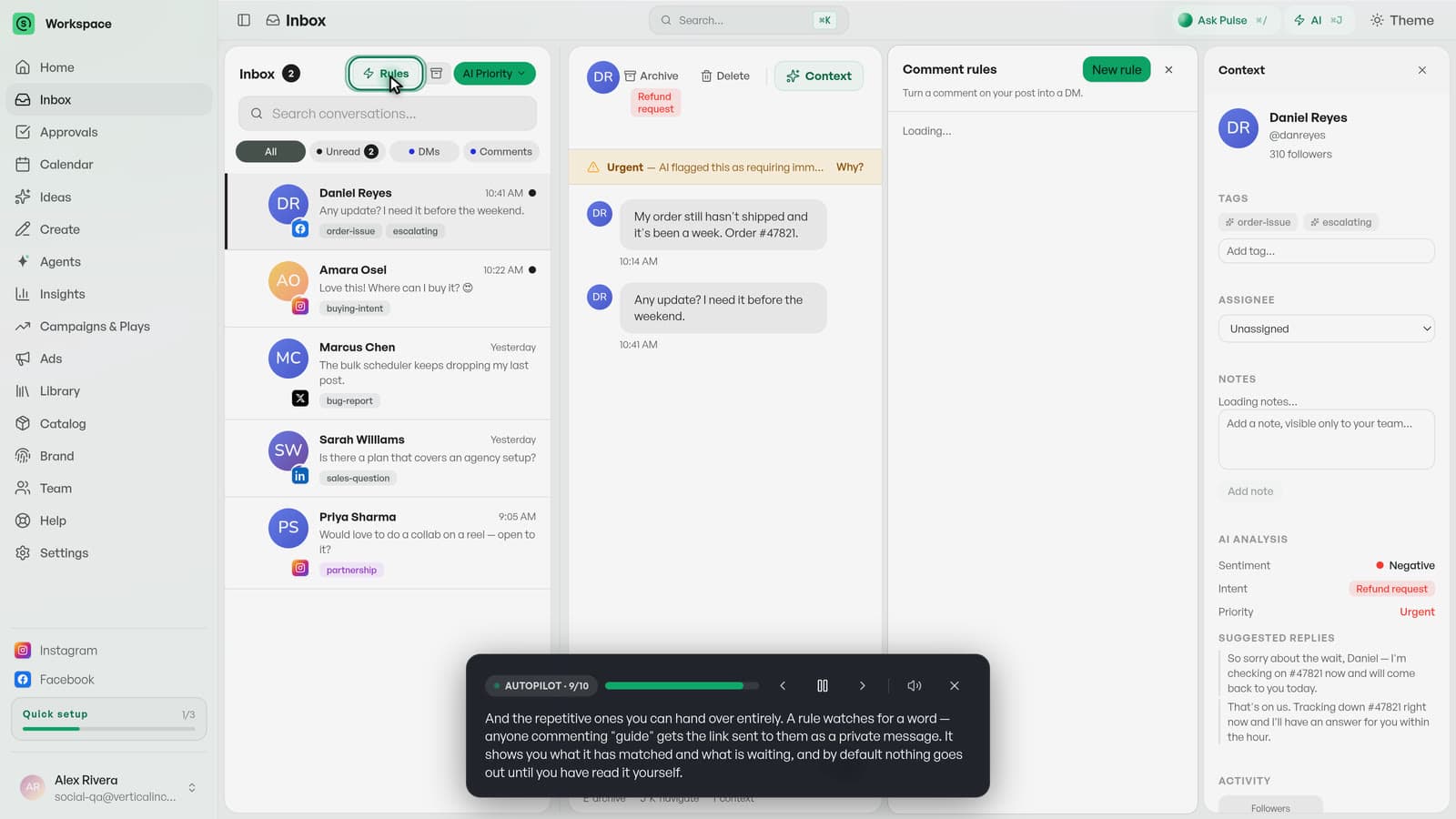 The Socialsmith inbox triaging conversations across channels, with an escalating order thread flagged urgent and opened for reply